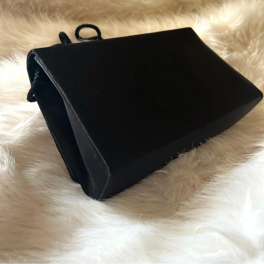 Vintage MCM La Regale Black Satin Evening Bag Flat Bows Snap Close Clutch Strap